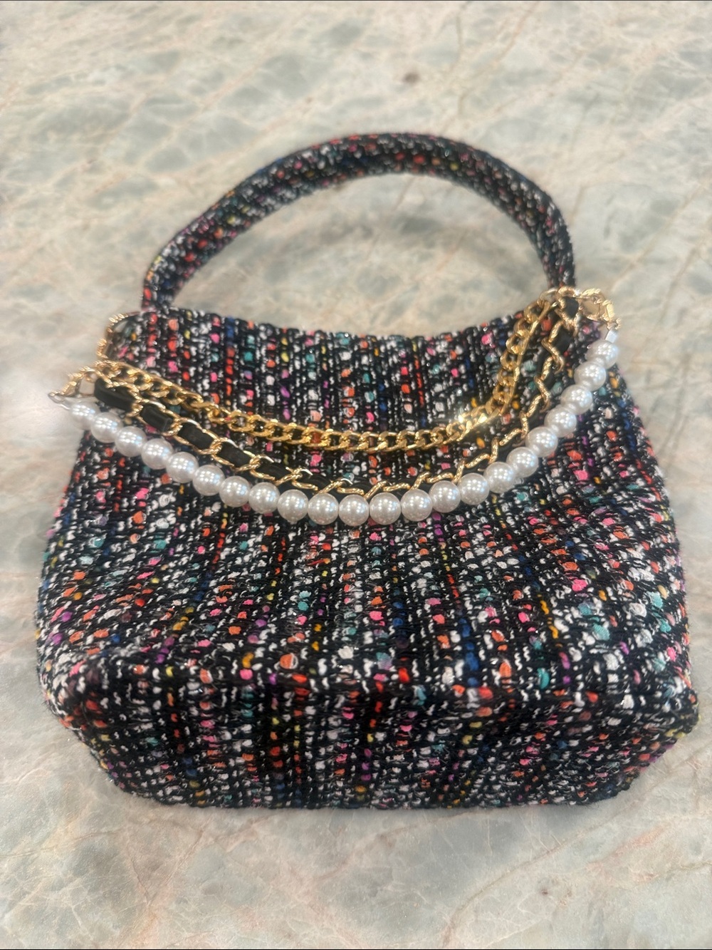 Shiraleah Black Multicolor Tweed Mini Bag with Pearl & Gold Chains